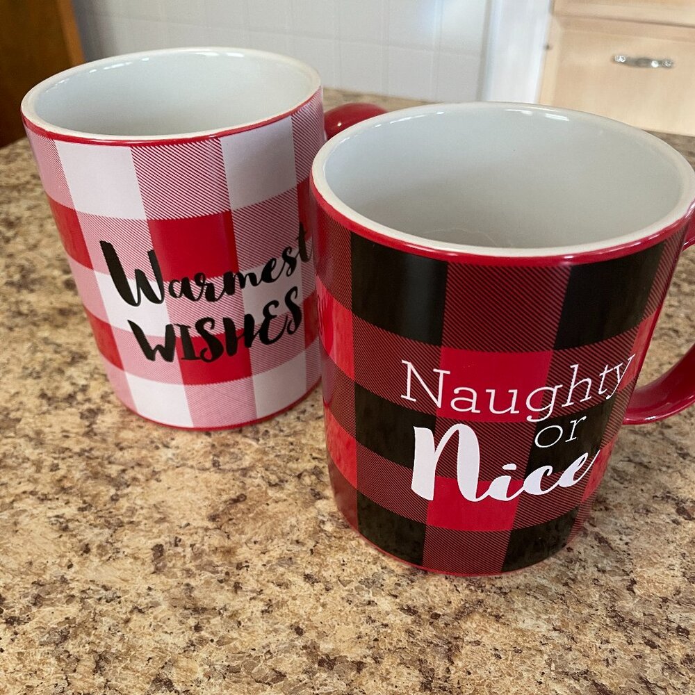 LARGE & CUTE Plaid Mugs - Set of 2 - His and Hers Cocoa or Coffee Mugs!